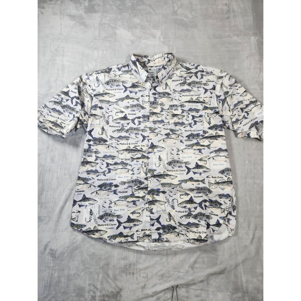 Columbia‎ Men's XL Gray All Over Fish Print Short Sleeve Button Down Shirt EUC